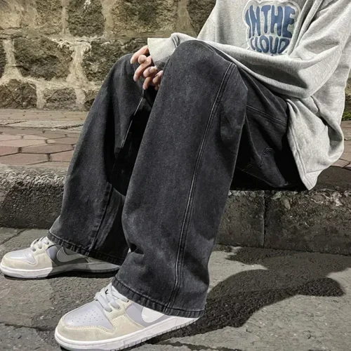 2025 New Streetwear Loose Jeans Men Korean Style Fashion Loose Straight Wide Leg Pants Men’s Brand Clothing Black Light Blue
