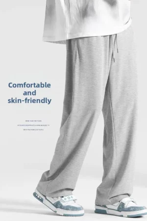 Men's Summer Thin Straight Leg Sport Pants Drapey Casual Grey Sweatpants Wide Leg Men's Loose Fit Comfortable Trousers