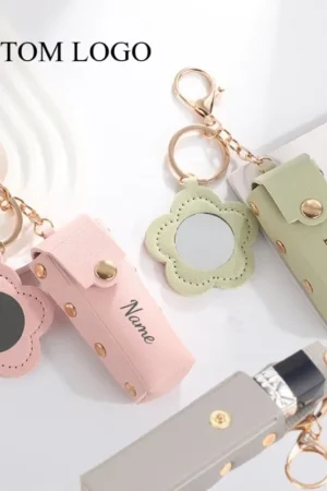 Custom Leather Lipstick Bag Protective Cover Keychain Portable Makeup Backpac Key Chain with Mini Flower Mirror Keyring Gift