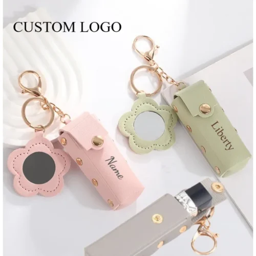Custom Leather Lipstick Bag Protective Cover Keychain Portable Makeup Backpac Key Chain with Mini Flower Mirror Keyring Gift
