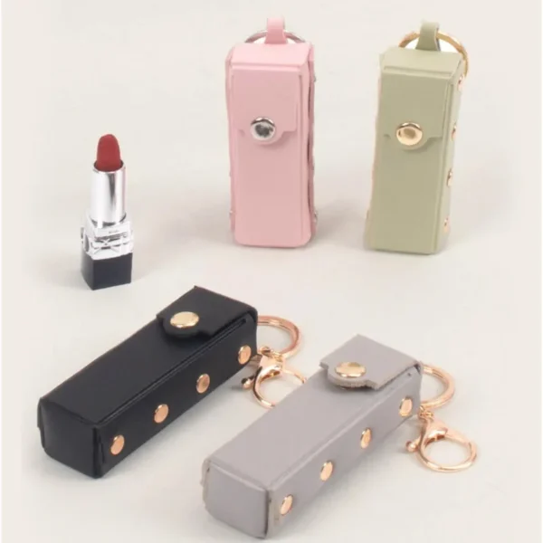Custom Leather Lipstick Bag Protective Cover Keychain Portable Makeup Backpac Key Chain with Mini Flower Mirror Keyring Gift - Image 2