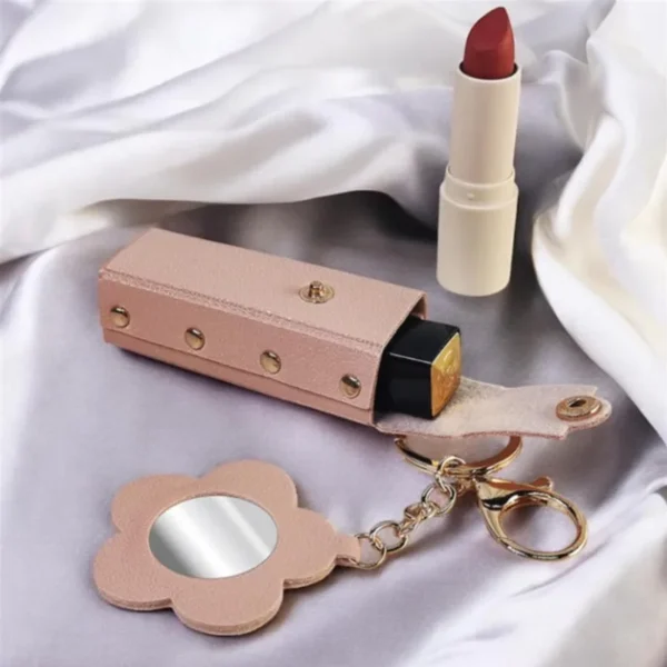 Custom Leather Lipstick Bag Protective Cover Keychain Portable Makeup Backpac Key Chain with Mini Flower Mirror Keyring Gift - Image 3